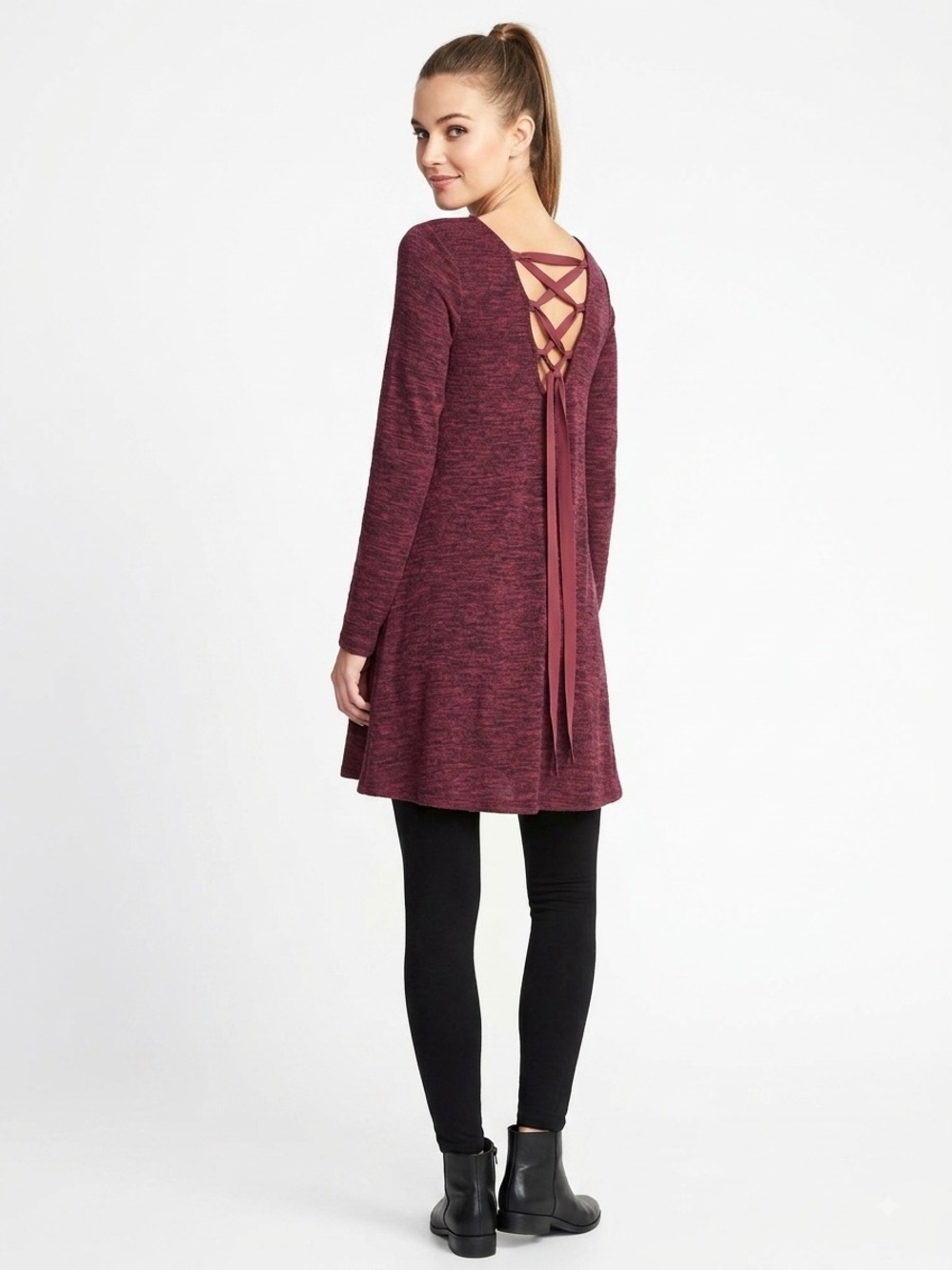 Just Be Lace-Up Back Long-Sleeve Tunic Dress in Deep Berry Cottony Stretchy